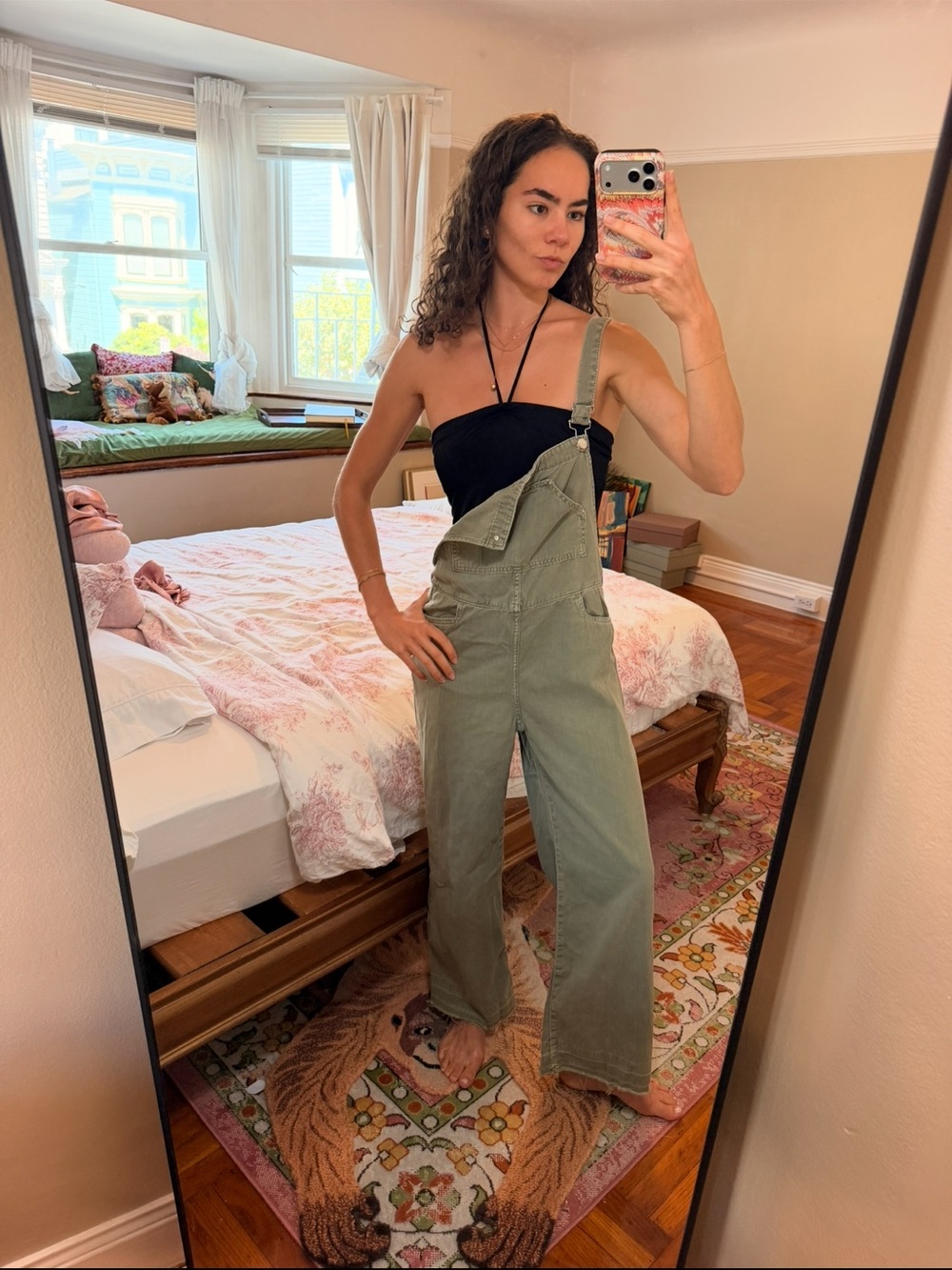 Mango Olive Green Wide-Leg Denim Overalls